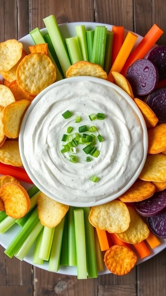 A bowl of three onion dip garnished with green onions, surrounded by chips and vegetable sticks on a rustic table.